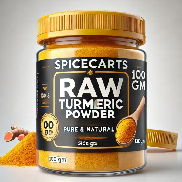 "Raw Turmeric Powder in eco-friendly packaging, rich in curcumin, perfect for cooking, immunity boosting, and natural skincare."