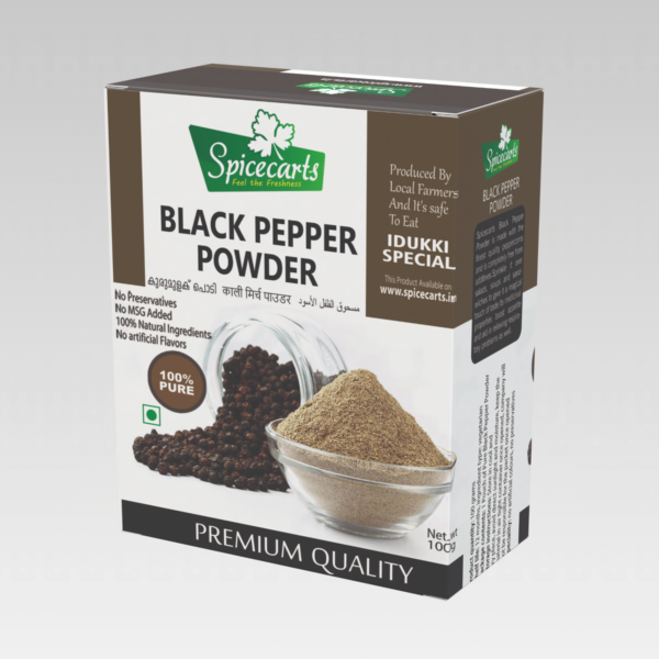 "Spicecarts Premium Idukki Black Pepper Powder – 100% Pure, Sun-Dried, and Freshly Ground for Rich Aroma and Flavor. No Preservatives, No MSG. Available in 100g Pack."